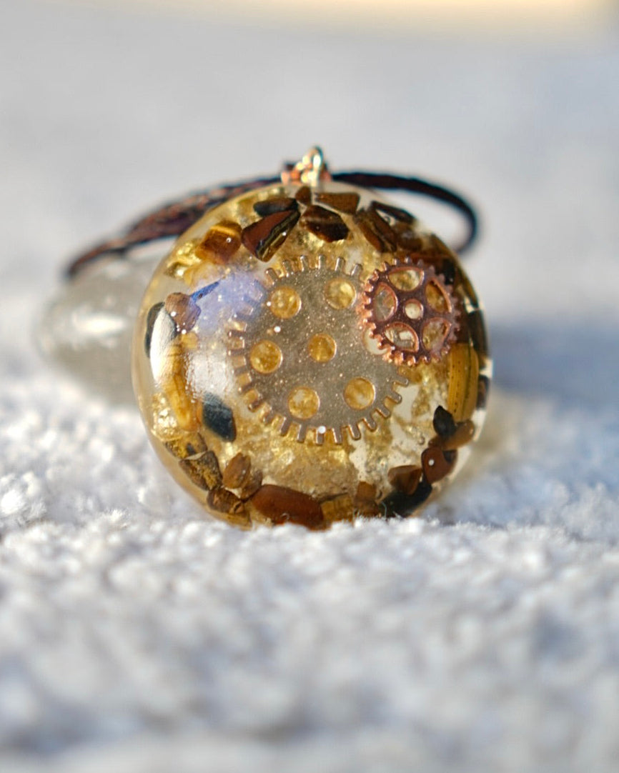 CLOCK WORK TIGERS EYE RESIN PENDANT