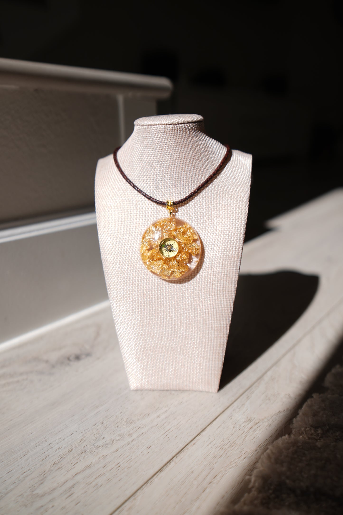 Handmade Compass Necklace with Gold Leaf and a Real Working Compass
