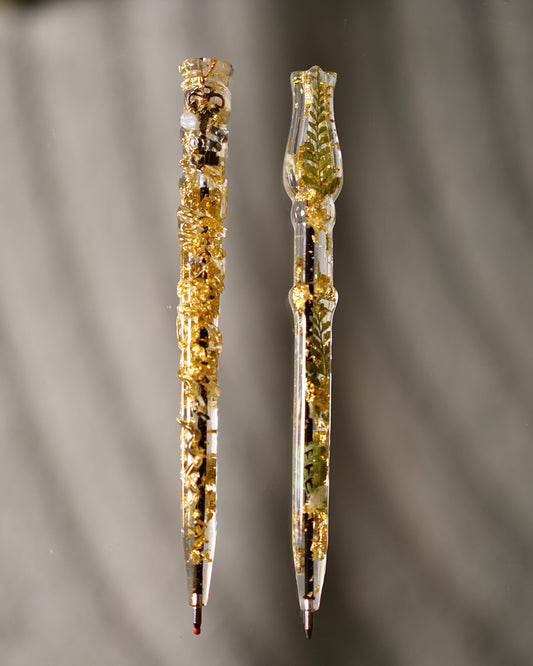 Set of two handmade resin pens with gold flake and botanical detail