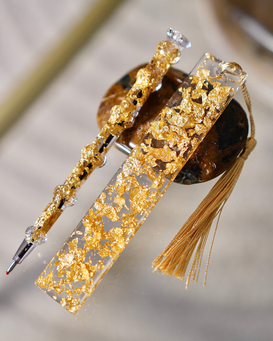 Hand-poured resin writing pen and bookmark set with gold flake, botanical, and orgonite variants