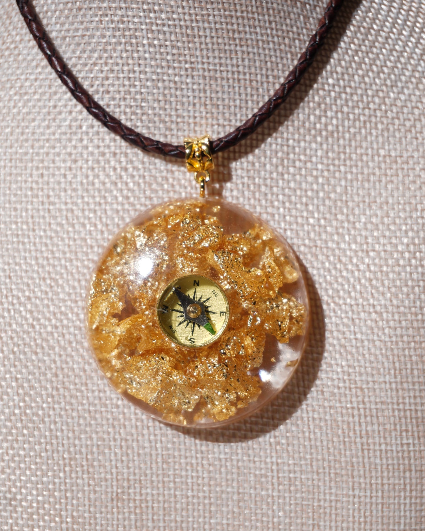 Handmade Compass Necklace with Gold Leaf and a Real Working Compass