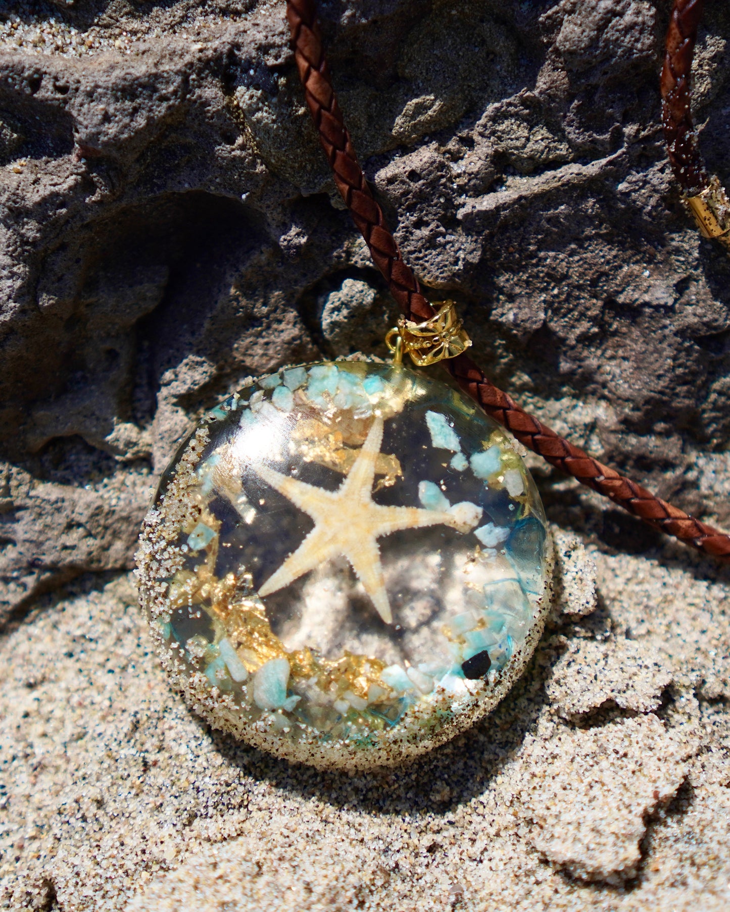 AQUAMARINE & AMAZONITE STARFISH RESIN PENDANT