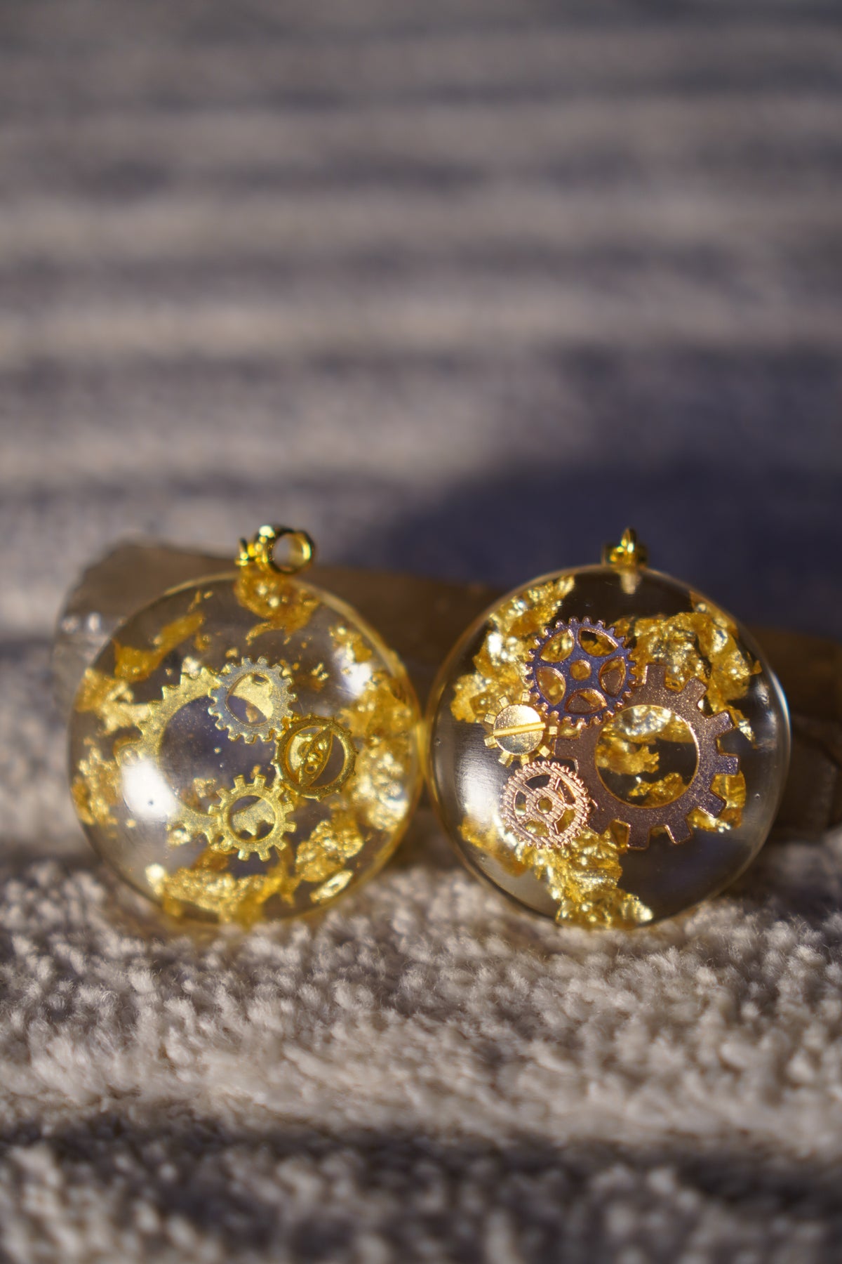 Beautifully Flawed Clock Work Gold Pendant, handmade by Aura Pendants