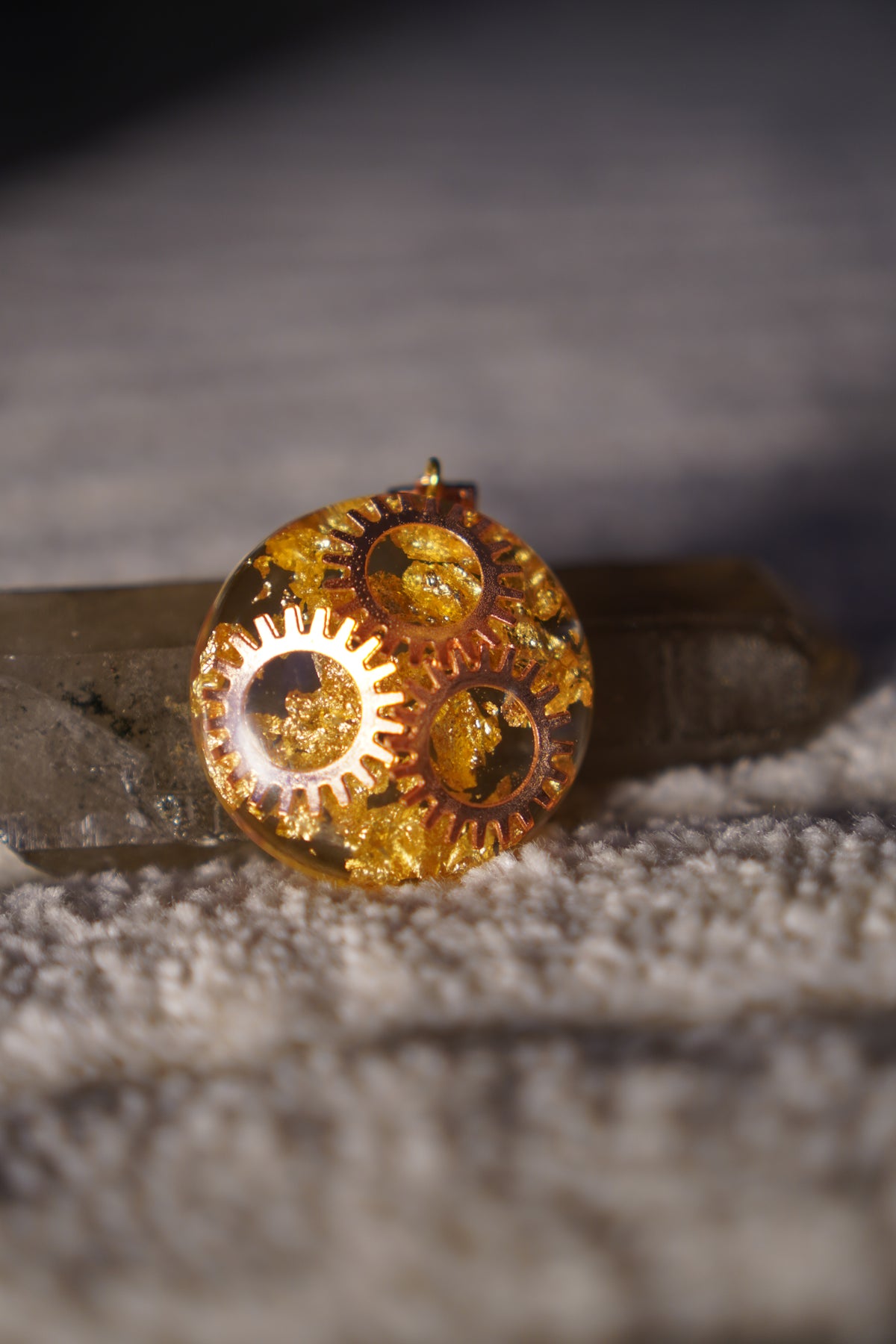 Clock Work Rose Gold Resin Pendant, Triple Gear design, handmade by Aura Pendants