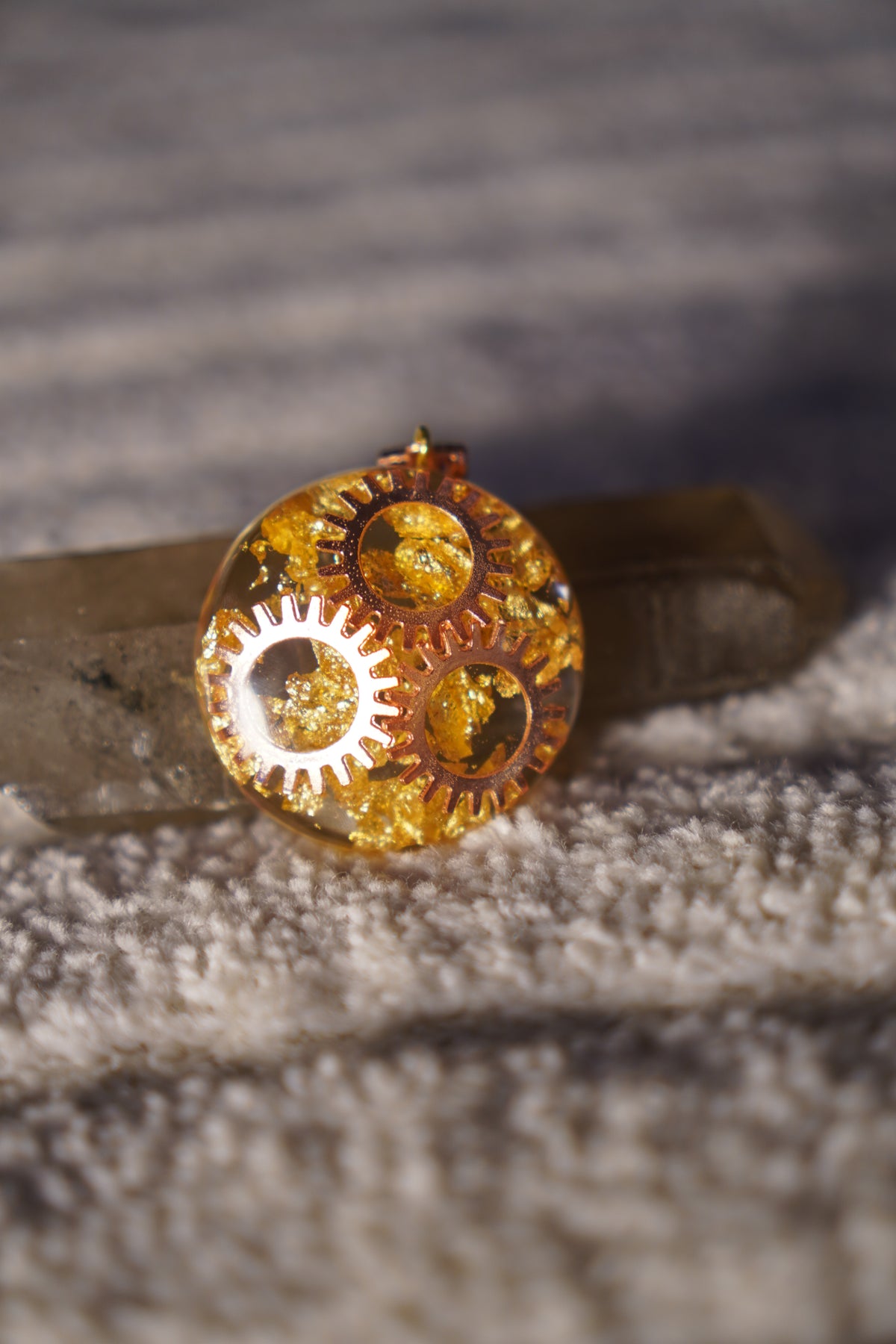 Clock Work Rose Gold Resin Pendant, Triple Gear design