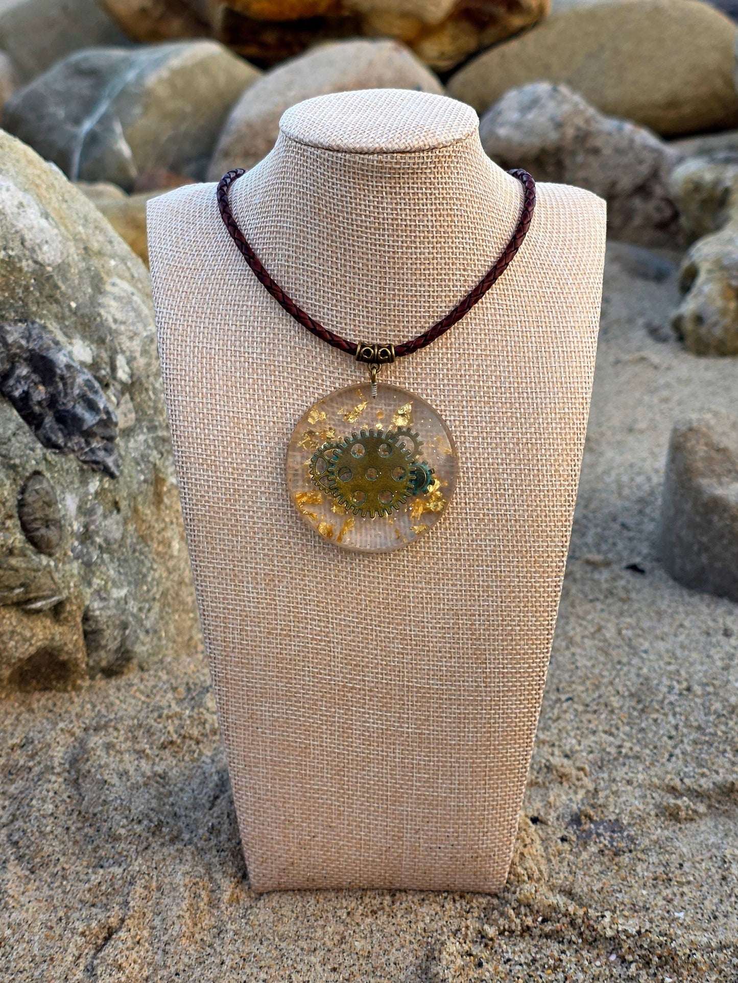 CLOCK WORK OXIDIZED BRONZE RESIN PENDANT