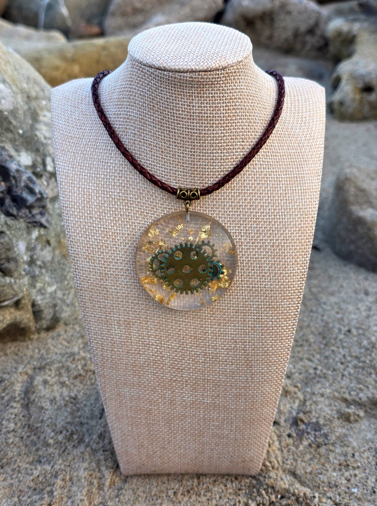 CLOCK WORK OXIDIZED BRONZE RESIN PENDANT
